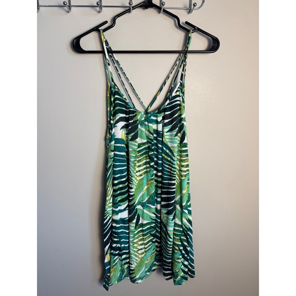 Roxy Womens Green Palm Print Strappy Mini Dress S Tropical Beach Summer Boho